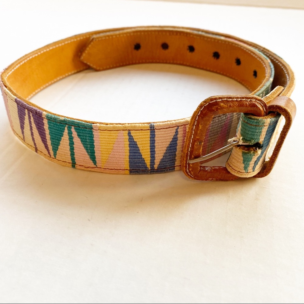Multi-Color Geometric Canvas Belt with Leather Trim